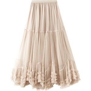 Women's Fairy Tutu Maxi Skirt - Long Tiered Tulle Skirt with High Elastic Waist Apricot - 1 of 4