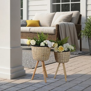 Set of 2 Wicker Planters on Stands - Handwoven Bamboo & Wood Decorative Plant Pots - Boho Garden Style for Home & Outdoor Use - 24", 20" White - 1 of 4