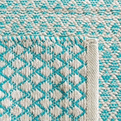 Turquoise and Ivory Cotton Handwoven Square Rug - 4' x 4'