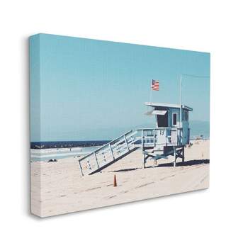 Stupell Industries Blue Lifeguard Stand at Coastline American Flag Gallery Wrapped Canvas Wall Art, 16 x 20