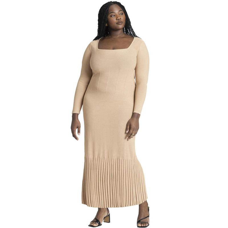 ELOQUII Women's Plus Size Long Sleeve Sweater Dress With Pleat Hem, 1 of 2