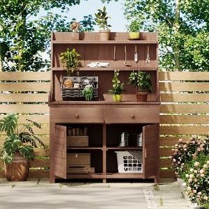 PAGED 65" Garden Potting Bench Table, Rustic Fir Wood Outdoor Potting Bench with 3-Tier Shelves & Magnetic Cabinet, Garden Potting Table - 1 of 4