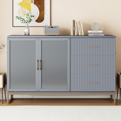 Queen Size Murphy Bed with Frosted Glass Doors Design, Fake Drawers and Metal Legs, White/Gray/Black-ModernLuxe