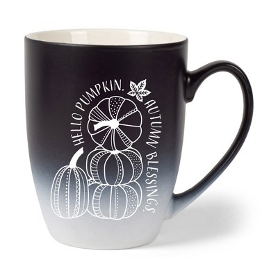 Elanze Designs Hello Pumpkin Autumn Blessings Two Toned Ombre Matte Black and White 12 ounce Ceramic Stoneware Coffee Cup Mug