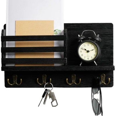 LunaLulinlk Key Holder for Wall Decorative with 5 Key Hooks ,Wooden Mail Rack Organizer with Shelf Black