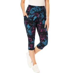 Woman Within Stretch-Cotton Knit Pull-On Printed Pocket Capri Leggings - 1 of 2