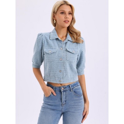 INSPIRE CHIC Women's Cropped Denim Puff Sleeve Button Down Vintage Jean Jackets with Pockets Large Light Blue — фото 4