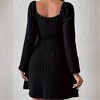 Coolmee Women's Square Neck Fall Long Sleeve Mini Dress Tie Front Ribbed Knit Short Sweater Dresses - 3 of 4
