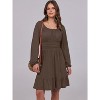 Long Lantern Sleeve Swing Dress with Square Neck & Ruffle Hem, Elastic Waist A-Line Short Dress for Women, Fall Fashion Brown - 3 of 4