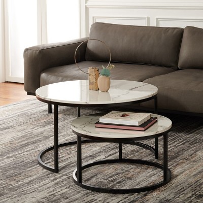 Peppino White Faux Marble and Black Metal Round Nesting Coffee Table