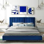 Costway Upholstered Bed Frame Full Size Modern Platform Bed with Vertical Channel Headboard No Box Spring Needed Navy/Grey