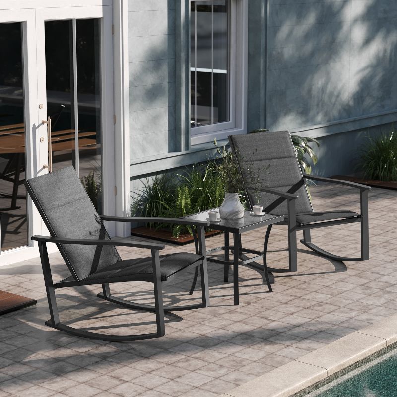 Emma and Oliver 3 Piece Outdoor Rocking Chair Patio Set with Flex Comfort Material and Metal Framed Glass Top Table, 5 of 13