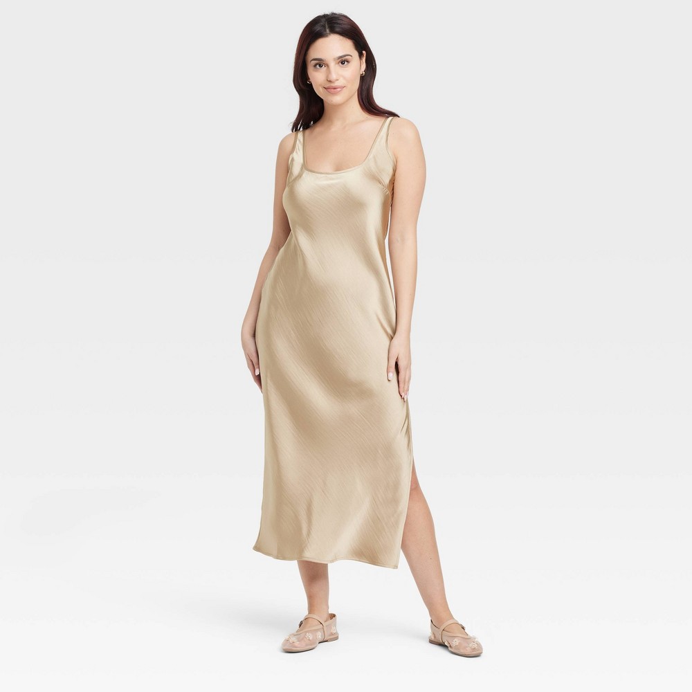 Women's Maxi Slip Dress - A New Day™ Tan XL: Lightweight Satin, Sleeveless Pullover, Side Slit