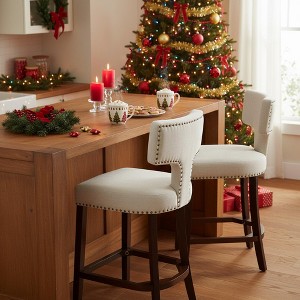 Homy Casa Set of 2 Upholstered Counter Height Bar Stools with Nailhead Trim and Wooden Legs, Beige - 1 of 4