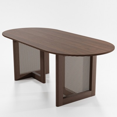 Lirago 68" Oval Oak Dining Table with Solid Wood Double Pedestal Modern Kitchen Table for Living Room Dining Room Seats 6 Brown