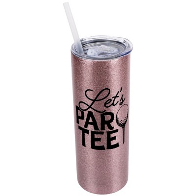 Elanze Designs Bubblegum Pink 20 Ounce Double Wall Stainless Steel Glitter Travel Tumbler With Sliding Lid And Straw, Let's Par Tee