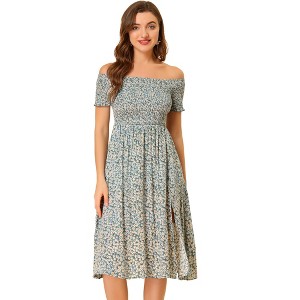 Allegra K Women's Off-Shoulder Summer Smocked Short Sleeve Split Midi Floral Dress - 1 of 4