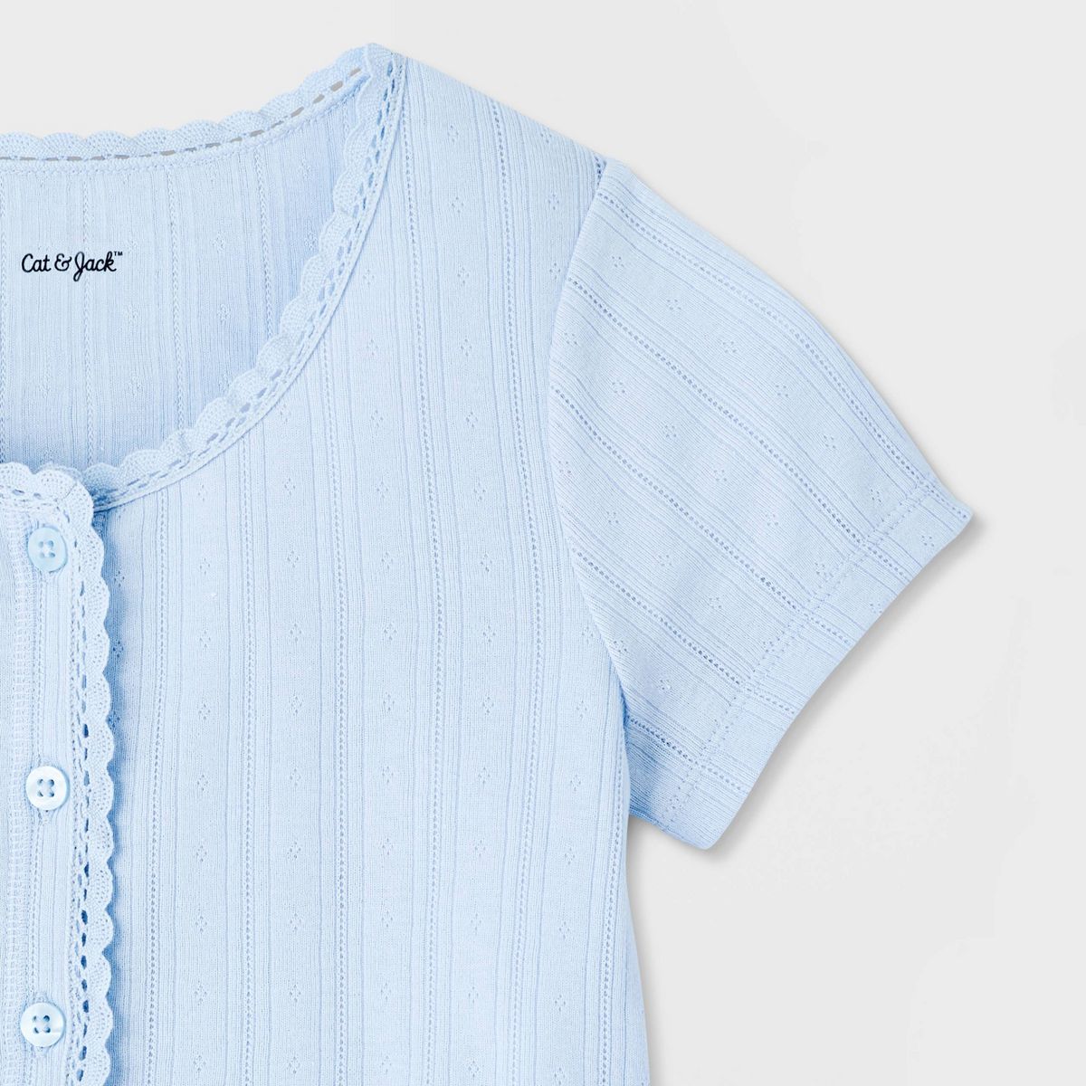 Girls' Short Sleeve Pointelle Lace Trim Button-Down T-Shirt - Cat & Jack™ - thumbnail 3