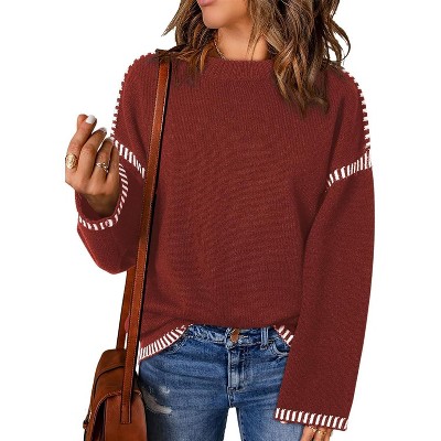 BLUEMING Womens Sweaters Fashion Crewneck Loose Long Sleeve Casual Contrast Cable Knit Pullover Sweater Tops