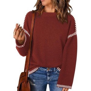 BLUEMING Womens Sweaters Fashion Crewneck Loose Long Sleeve Casual Contrast Cable Knit Pullover Sweater Tops - 1 of 4