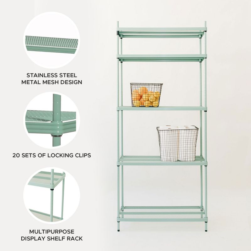 Design Ideas MeshWorks 5 Tier Full Size Metal Storage Shelving Unit Bookshelf, for Kitchen, Office, and Garage, 31.1" x 13" x 70.9", Sage Green, 3 of 7