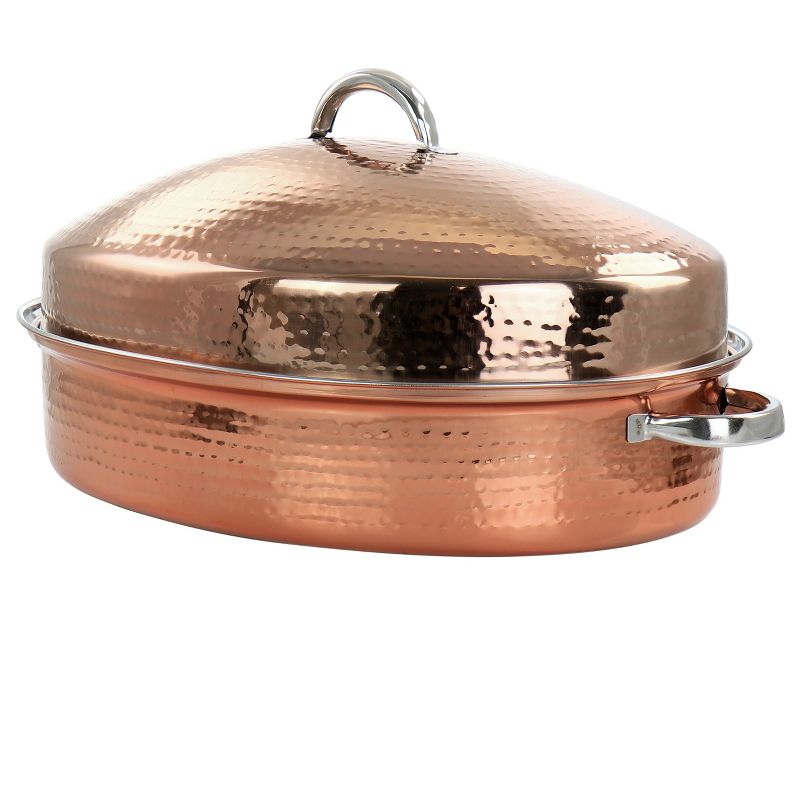 Gibson Home Radiance 17.5 Inch Stainless Steel Copper Plated Oval Roaster with Lid and Roasting Rack, 1 of 9