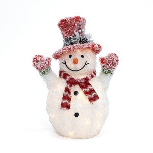 LuxenHome 2Ft Lighted White Tinsel Frosted Snowman with Red Top Hat, Outdoor Holiday Decoration White, Red, Green, Black - 1 of 4