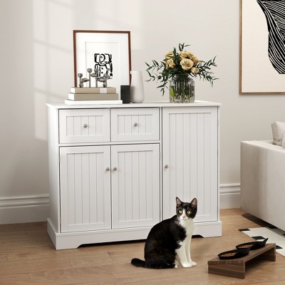 White Wooden Cat Litter Box Enclosure with Storage Drawers