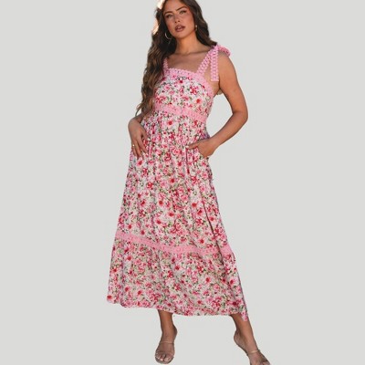 Amaryllis Women’s Floral Print Lace Trim Maxi Smocked Back Adjustable Tie Straps Sleeveless Tiered Hem Dress
