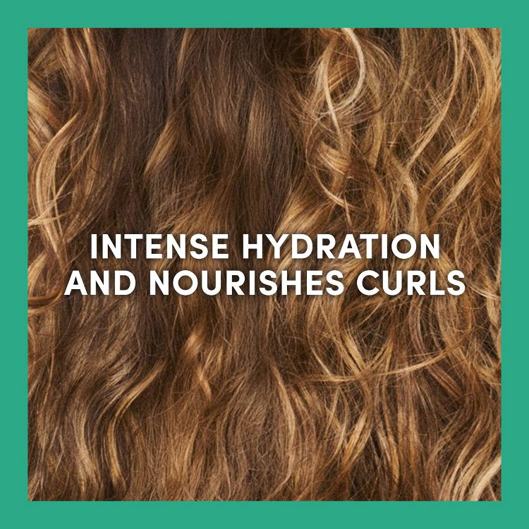Close-up of wavy brown hair with the text "INTENSE HYDRATION AND NOURISHES CURLS" overlaid.