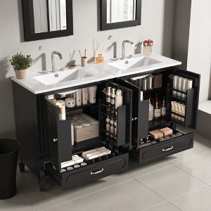 Mshliw 60" Double Sink Bathroom Vanity Combo, 2 Freestanding Cabinets with Door Organizers & Drawers, Acacia Wood & Ceramic Top - 1 of 4