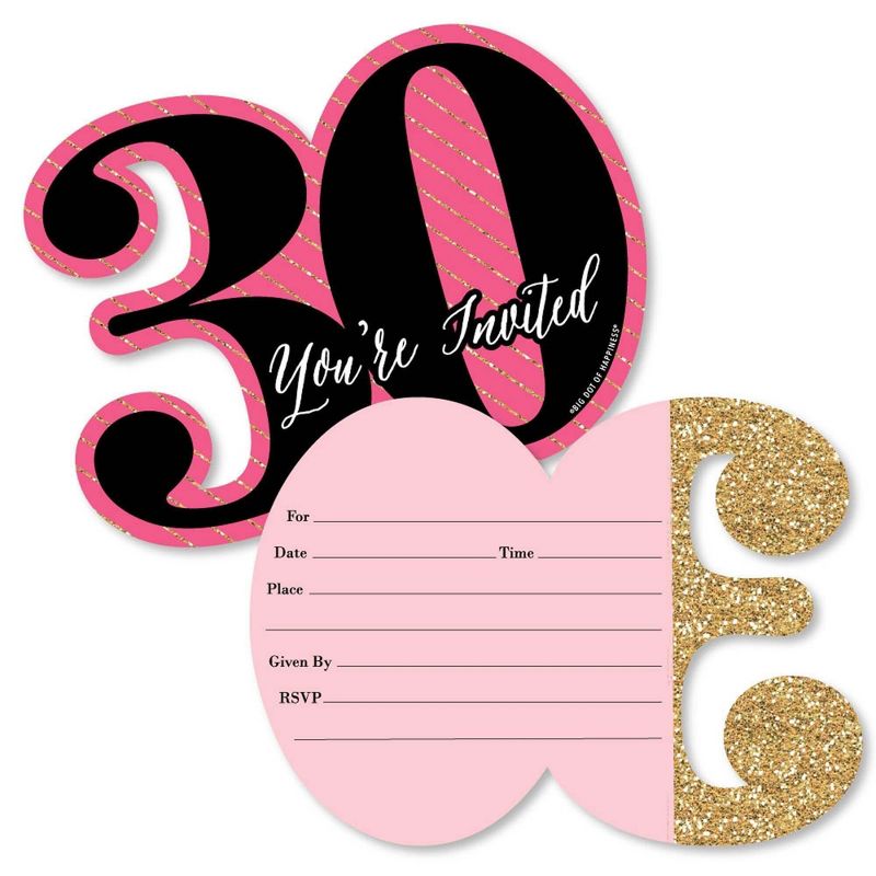 Big Dot of Happiness Chic 30th Birthday - Pink, Black and Gold - Shaped Fill-in Invites - Birthday Party Invitation Cards with Envelopes - Set of 12, 1 of 8
