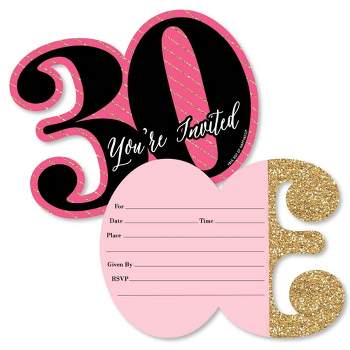 Big Dot of Happiness Chic 30th Birthday - Pink, Black and Gold - Shaped Fill-in Invites - Birthday Party Invitation Cards with Envelopes - Set of 12