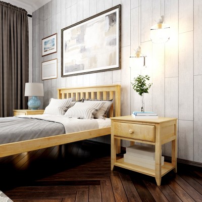 Natural Pine Wood Nightstand with Drawer and Shelf
