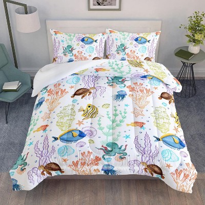 Boersma Turtle Comforter Set Twin Ocean Watercolor Sea Turtle Bedding Set Tropical Fish Marine Life Bed Set with 2 Pillowcases for Kids Room Decor