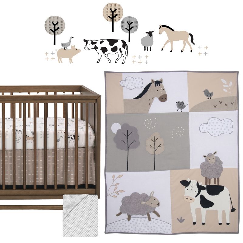 Lambs & Ivy Baby Farm Animals 5-Piece White/Taupe Baby Crib Bedding Set, 1 of 11