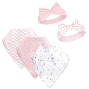 Hudson Baby Infant Girl Cotton Bib and Headband Set 5pk, White Bunny - 1 of 4