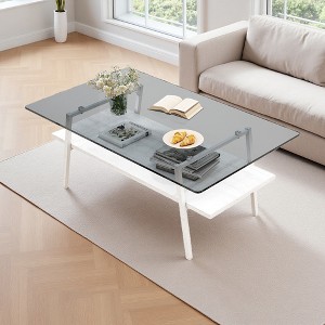 35.43" Glass Oval Coffee Table with Oak Legs - 1 of 4