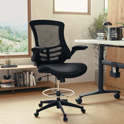 ErgoComfort 51" Black Mesh & Leather Drafting Chair with Adjustable Arms