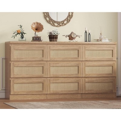 Zstar Farmhouse 9 Drawer Triple Dresser for Bedroom with Charging Station, Wood Storage Cabinet with Rattan Fronts
