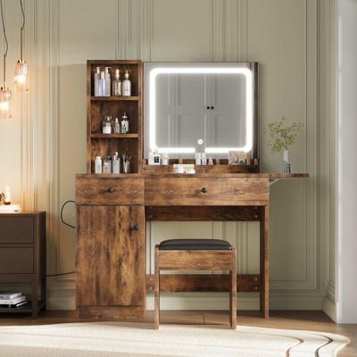 Vanity Desk with Lighted Mirror and Power Outlet, Makeup Vanity Table Set with Drawers, Cabinet and Stool