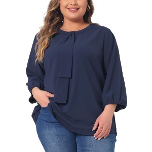 Agnes Orinda Women's Plus Size Chiffon Tie Round Neck  3/4 Sleeve Elegant Work Blouses - 1 of 4