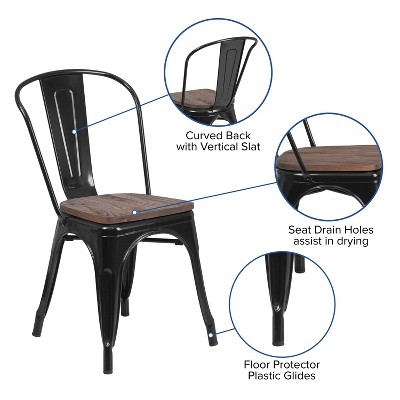 Black Metal Stackable Dining Chair with Wood Seat