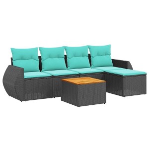 vidaXL 6 Piece Garden Sofa Set with Cushions Black Poly Rattan - Black and Blue - 1 of 4