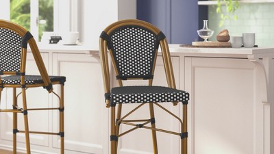 Navy and White Woven Metal Frame Bar Stools, Set of 2