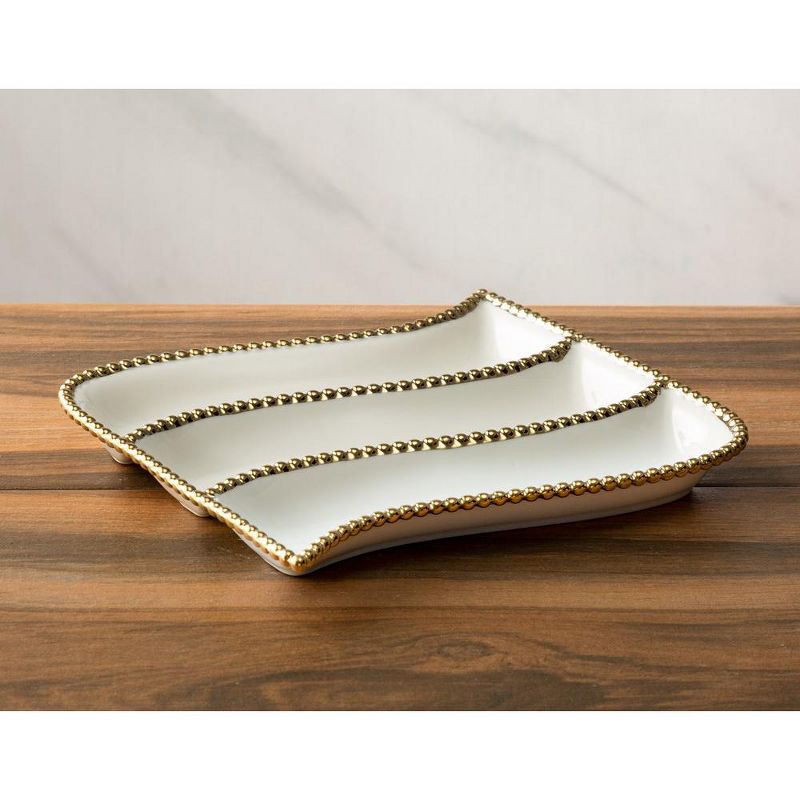 Classic Touch 11” White Porcelain 3 compartment relish dish with Gold Beaded Border, 2 of 6