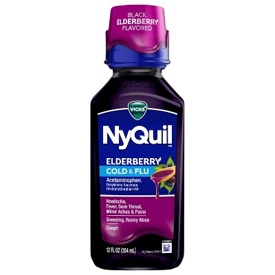 VICKS NyQuil Elderberry Flavor Cold & Flu Relief Liquid Over-the-Counter Medicine Powerful Multi-Symptom Nighttime Relief 12 FL OZ