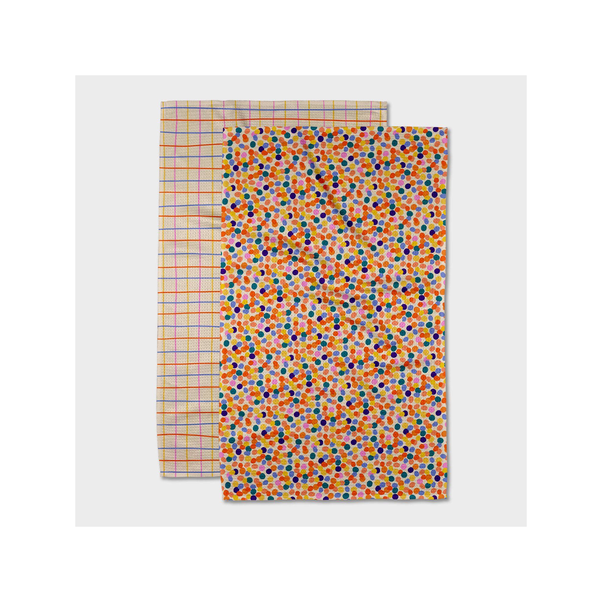 Geometry Tea Towel Set Chic: Modern Quick Dry Microfiber Kitchen Towels, Check & Polka Dots, 2 Pieces, Multicolored