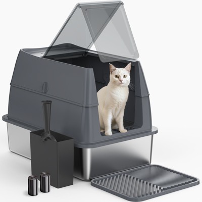 JOEJOY Stainless Steel Cat Litter Box,Double-layered 18" High Sided Cat Litter Box,Metal Litter Pan with Lid,Extra Large Litter Box with Scoop