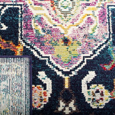 Navy and Fuchsia Floral Square Synthetic Area Rug